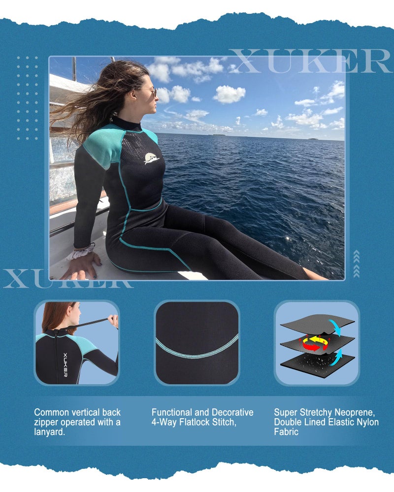XUKER Wetsuit Women, 2mm Neoprene Long Sleeve Full Body Back Zip Wet Suit in Cold Water for Diving Surfing Snorkeling Kayaking Swimming Scuba Water Sports - Image 3